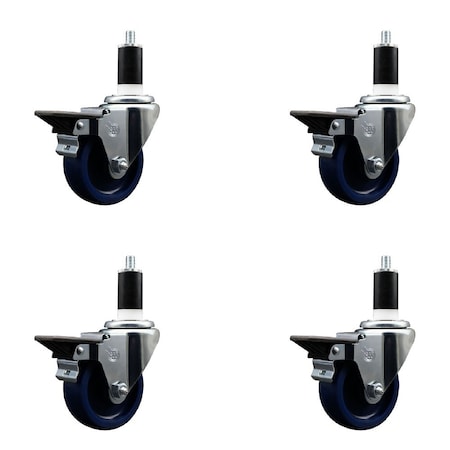 Service Caster 3.5'' Solid Poly Swivel 1-3/4'' Expanding Stem Caster Set with Brake, 4PK SCC-EX20S3514-SPUS-PLB-134-4